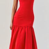 Genevieve | Elegant Red Midi Dress with Ruffle Details