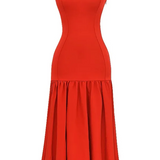 Genevieve | Elegant Red Midi Dress with Ruffle Details