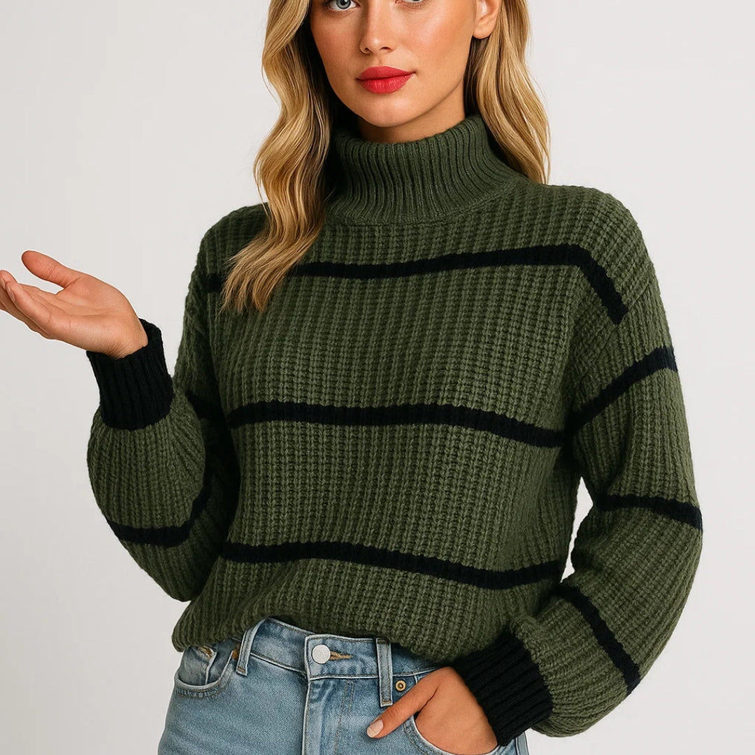 Ruby | Ribbed Striped Jumper with Stand Collar – Warm & Casual