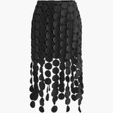 Elara | High-Waisted Midi Skirt with Laser Cut Circular Cutouts