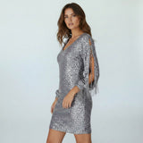 Isolde | Sequin Midi Evening Dress with Ruffle Sleeves