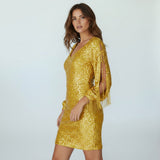 Isolde | Sequin Midi Evening Dress with Ruffle Sleeves