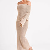 Evelyn | Off-Shoulder Bouclé Maxi Dress