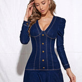 Zoe | Denim Mini Dress with Deep V Neck