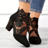 Maravine Studio | Lace Panel Block Heel Pumps with Floral Detail