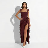 Quintessa | Ruffle Trim Maxi Dress with Square Neck and High Slit
