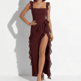 Quintessa | Ruffle Trim Maxi Dress with Square Neck and High Slit