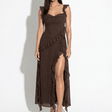 Quintessa | Ruffle Trim Maxi Dress with Square Neck and High Slit