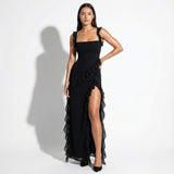 Quintessa | Ruffle Trim Maxi Dress with Square Neck and High Slit