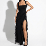 Quintessa | Ruffle Trim Maxi Dress with Square Neck and High Slit