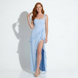 Quintessa | Ruffle Trim Maxi Dress with Square Neck and High Slit