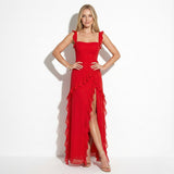 Quintessa | Ruffle Trim Maxi Dress with Square Neck and High Slit