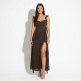 Quintessa | Ruffle Trim Maxi Dress with Square Neck and High Slit