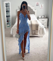 Women's Blue Ruffle Wrap Maxi Dress with Asymmetric High-Low Hem – Strappy Wedding Guest Dress
