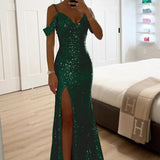 Merrin | Sequin Off-Shoulder Maxi Dress with High Slit