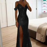 Merrin | Sequin Off-Shoulder Maxi Dress with High Slit
