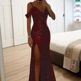 Merrin | Sequin Off-Shoulder Maxi Dress with High Slit