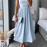 Fay | Square Neck Wedding Guest Dress with Flared Midi Skirt