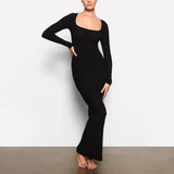 Jasper | Black bodycon maxi dress with square neckline and long sleeves