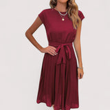 Olivia | Elegant Pleated Midi Dress with Tie Belt