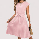 Olivia | Elegant Pleated Midi Dress with Tie Belt