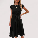 Olivia | Elegant Pleated Midi Dress with Tie Belt