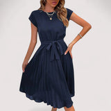 Olivia | Elegant Pleated Midi Dress with Tie Belt