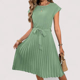 Olivia | Elegant Pleated Midi Dress with Tie Belt
