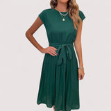 Olivia | Elegant Pleated Midi Dress with Tie Belt