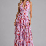 Felicity | Women's Maxi Dress with Halter V-Neck and Tiered Ruffle Skirt