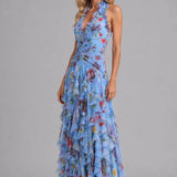 Felicity | Women's Maxi Dress with Halter V-Neck and Tiered Ruffle Skirt