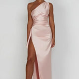 Keziah | One-Shoulder Satin Maxi Dress with Ruched Waist and High Slit