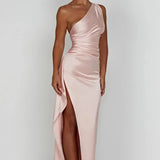 Keziah | One-Shoulder Satin Maxi Dress with Ruched Waist and High Slit