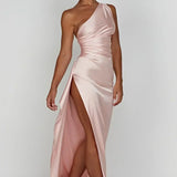 Keziah | One-Shoulder Satin Maxi Dress with Ruched Waist and High Slit