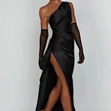 Keziah | One-Shoulder Satin Maxi Dress with Ruched Waist and High Slit