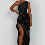 Keziah | One-Shoulder Satin Maxi Dress with Ruched Waist and High Slit