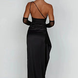 Keziah | One-Shoulder Satin Maxi Dress with Ruched Waist and High Slit