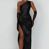 Keziah | One-Shoulder Satin Maxi Dress with Ruched Waist and High Slit