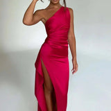 Keziah | One-Shoulder Satin Maxi Dress with Ruched Waist and High Slit