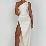 Keziah | One-Shoulder Satin Maxi Dress with Ruched Waist and High Slit