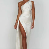 Keziah | One-Shoulder Satin Maxi Dress with Ruched Waist and High Slit