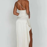 Keziah | One-Shoulder Satin Maxi Dress with Ruched Waist and High Slit