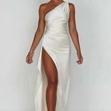 Keziah | One-Shoulder Satin Maxi Dress with Ruched Waist and High Slit