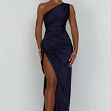 Keziah | One-Shoulder Satin Maxi Dress with Ruched Waist and High Slit