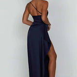 Keziah | One-Shoulder Satin Maxi Dress with Ruched Waist and High Slit