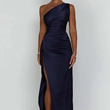 Keziah | One-Shoulder Satin Maxi Dress with Ruched Waist and High Slit