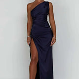Keziah | One-Shoulder Satin Maxi Dress with Ruched Waist and High Slit