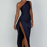 Keziah | One-Shoulder Satin Maxi Dress with Ruched Waist and High Slit