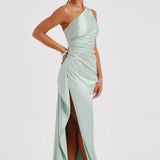 Keziah | One-Shoulder Satin Maxi Dress with Ruched Waist and High Slit