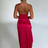 Keziah | One-Shoulder Satin Maxi Dress with Ruched Waist and High Slit